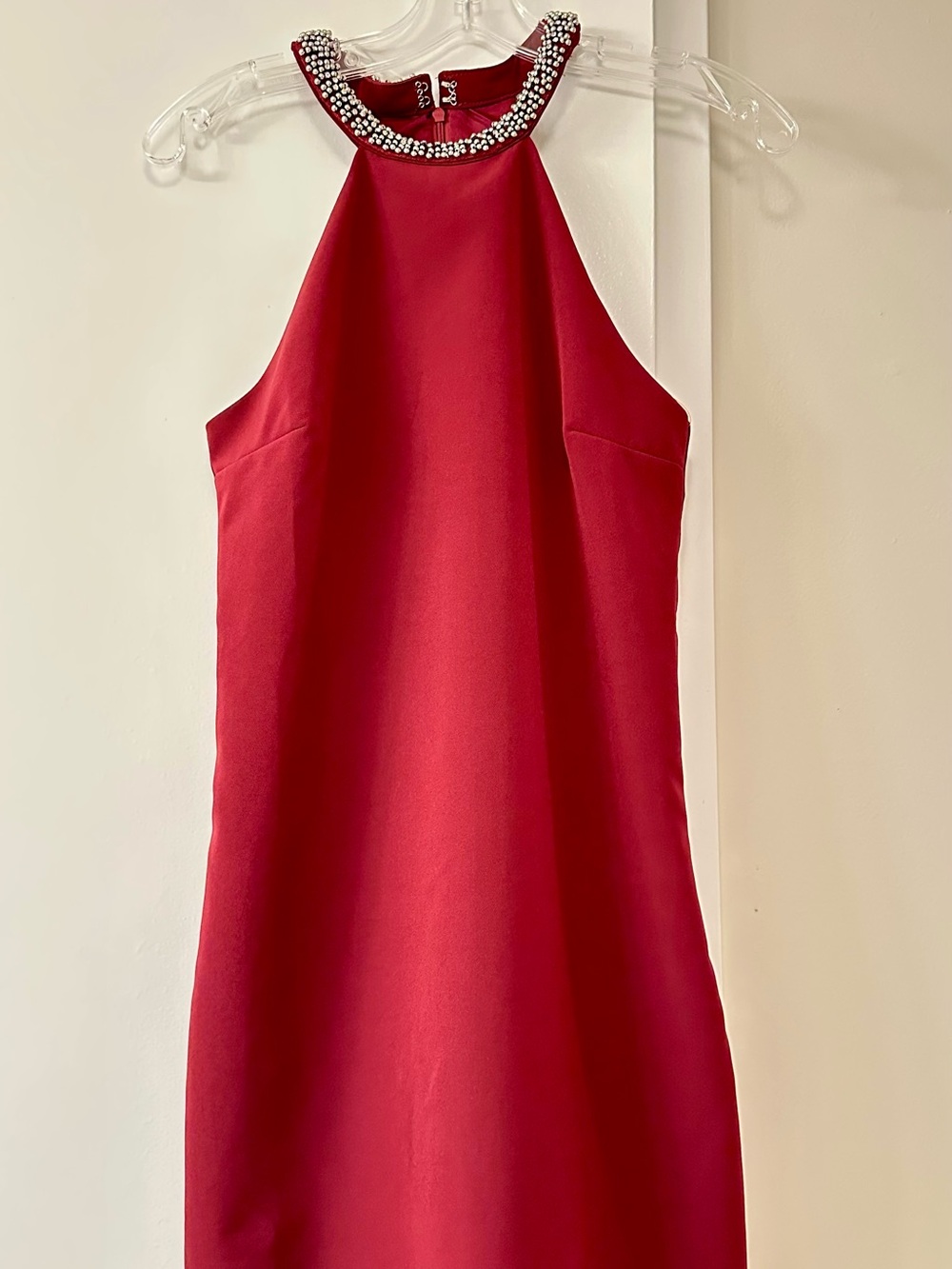 Lulu's Red Halter Prom Dress with Jeweled Neckline